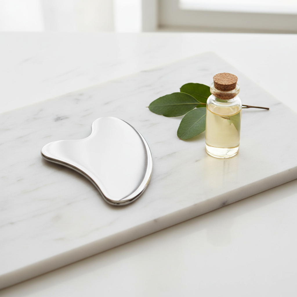 The Sculptor — surgical-grade stainless steel gua sha, included in The Morning Ritual set