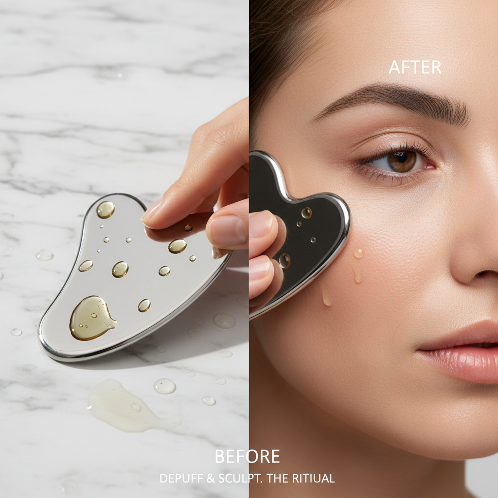 Close-up gua sha with facial oil and water droplets on marble
